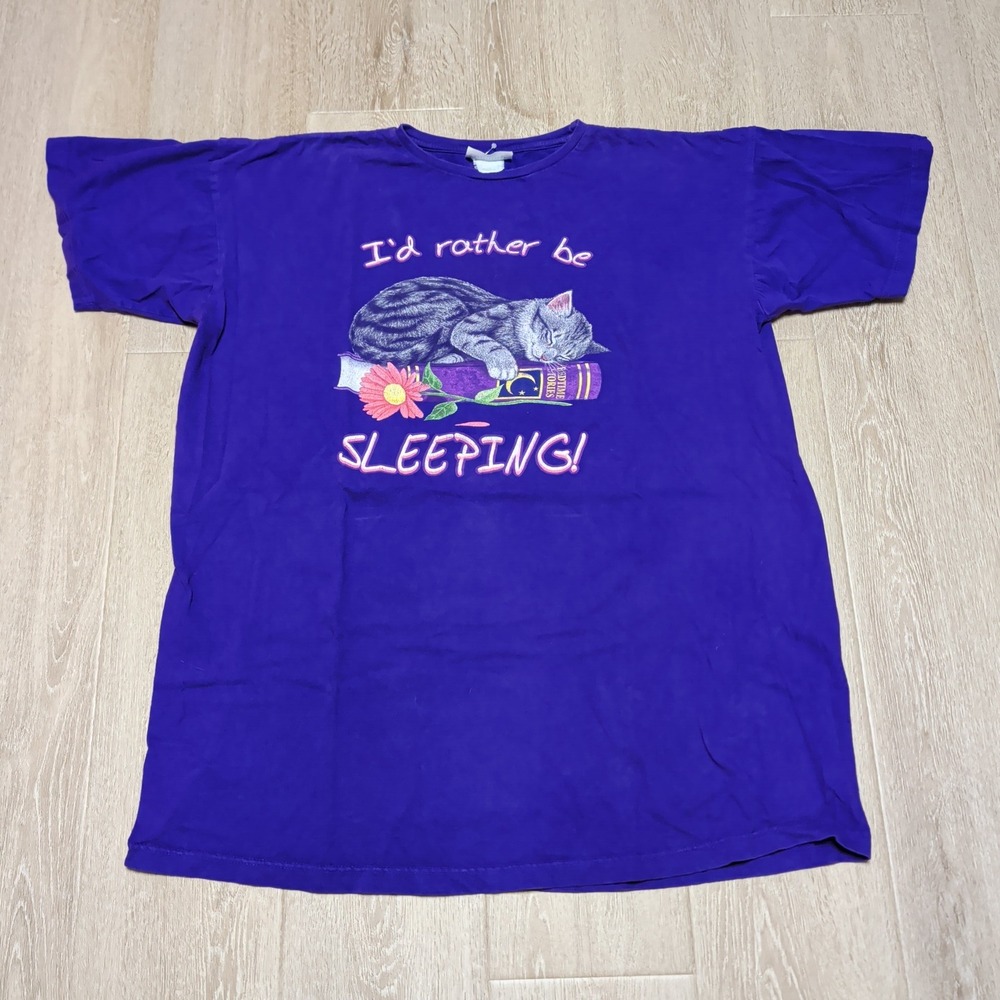 Vintage 90s Lollipop Cat Rather Be Sleeping T-Shirt Women 2XL Purple Night Tee